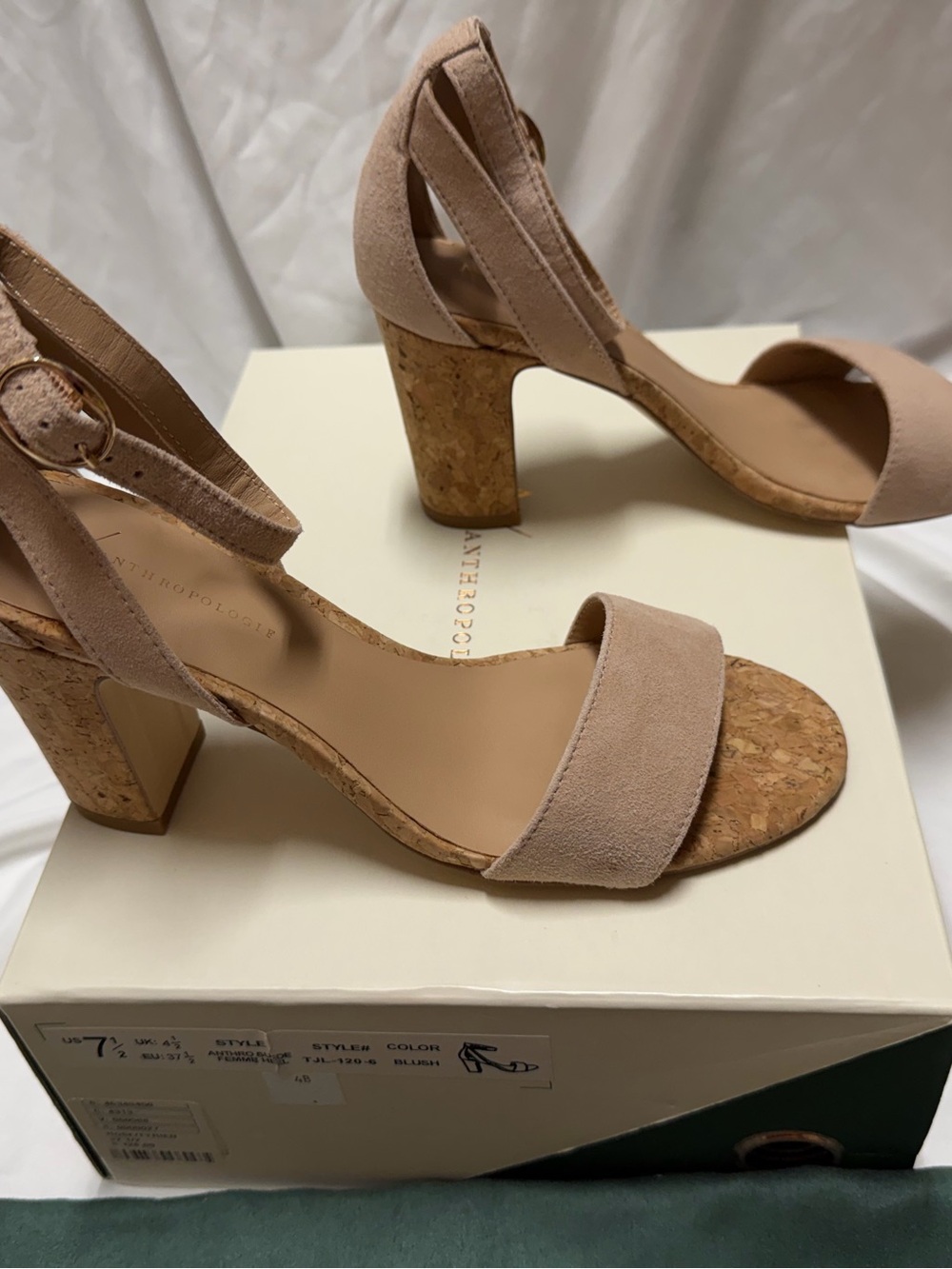 NIB Anthropologie Blush Suede Cork Block Heels - Picture 2 of 5